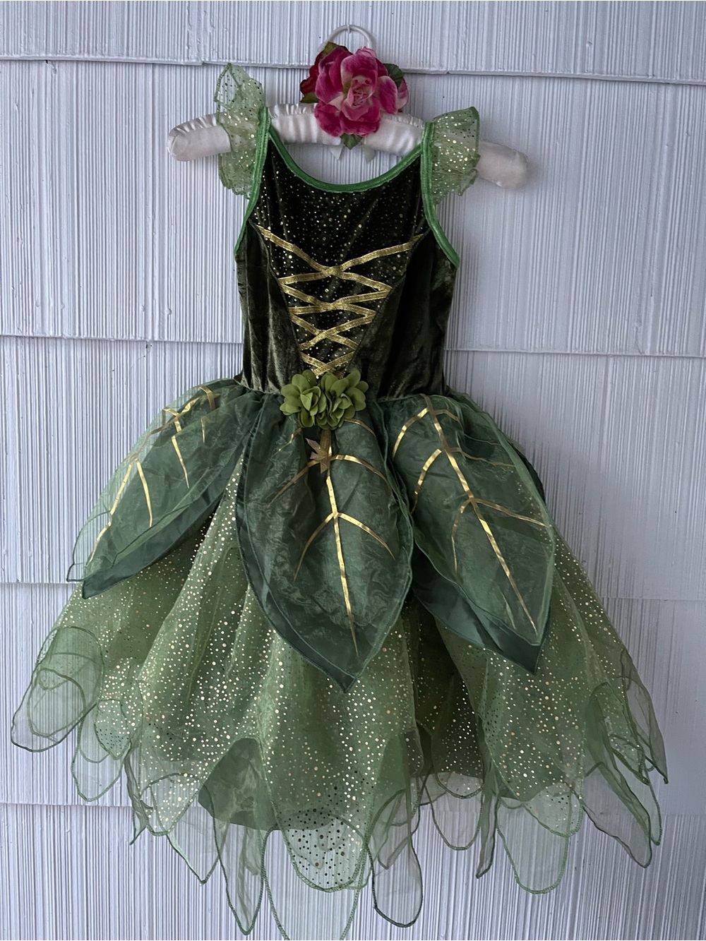 Girls Green Fairy Leaf Tutu Costume with Gold Accents
